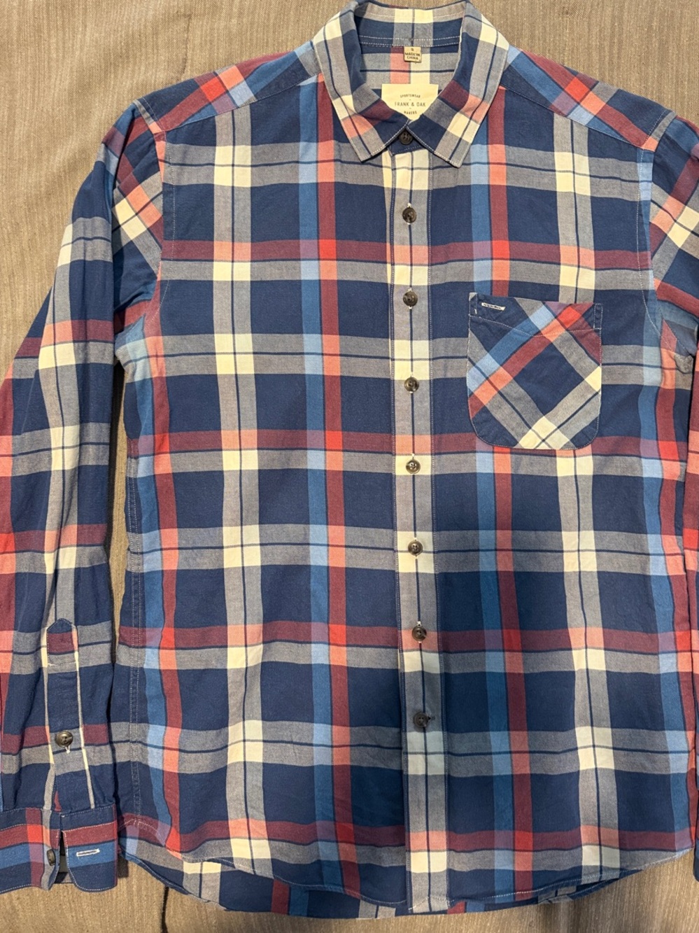 Frank & Oak Blue, Red & White Plaid Button-Down Shirt